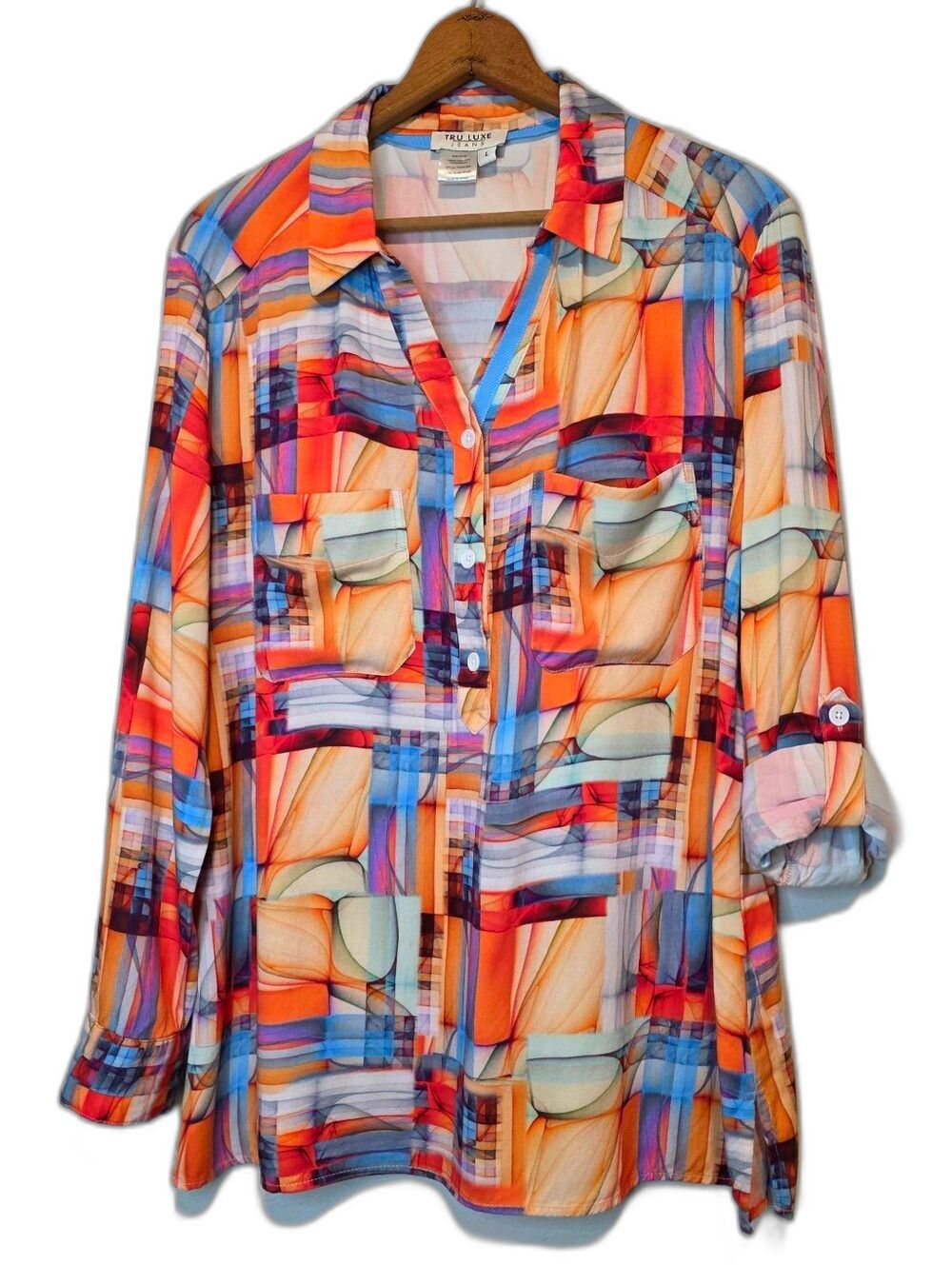 Tru Luxe Jeans Top Roll Tab Sleeves Artsy Colorful Whimsical Resort EUC Large